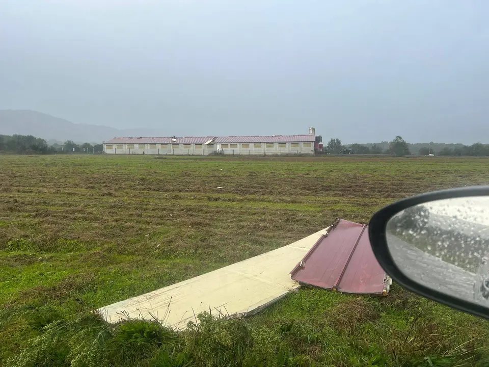 Restos del tejado de la granja al fondo, en la localidad de Sabucedo.