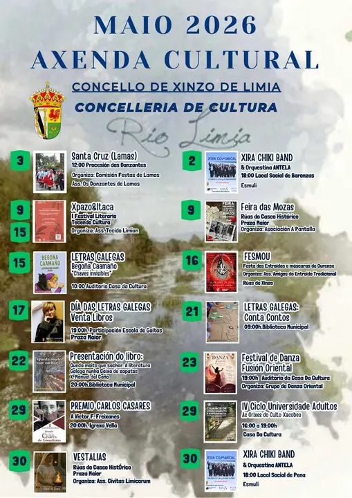 Cartel oficial de la Agenda Cultural de mayo en Xinzo de Limia.