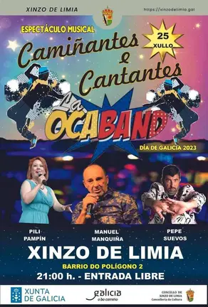 Cartel do espectáculo musical "Camiñantes e Cantantes" que terá lugar o vindeiro 25 de xullo en Xinzo.