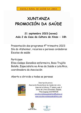 Xuntanza de promoción da saúde que terá lugar este xoves na Aula 2 da Casa da Cultura de Xinzo, organizada pola Escola Rural de Saúde da Limia.