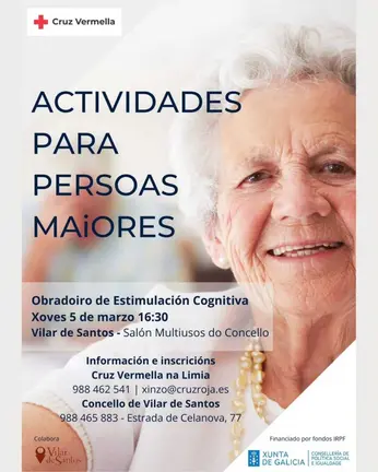 Cartel oficial que anuncia a primeira xornada do novo Obradoiro de Estimulaci&oacute;n Cognitiva que se celebrar&aacute; o vindeiro 5 de marzo no Concello de Vilar de Santos.