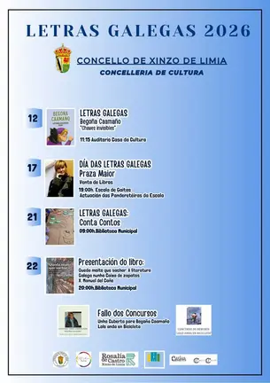 Cartel oficial da programaci&oacute;n das Letras Galegas 2026 organizada polo Concello de Xinzo.