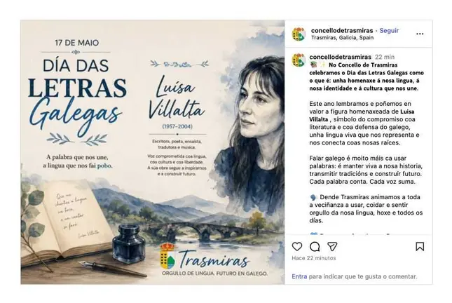 Captura de pantalla da publicaci&oacute;n oficial de Trasmiras onde se confunde &aacute; autora homenaxeada nas Letras Galegas deste ano.