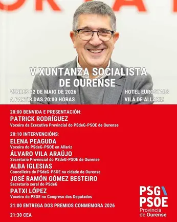 Cartel con la programaci&oacute;n y los ponentes invitados a la V Xuntanza Socialista de Ourense en Allariz.