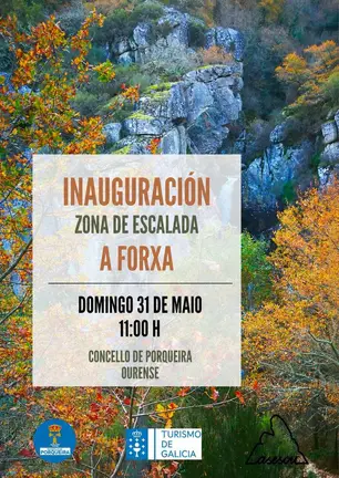 Cartel da inauguraci&oacute;n da nova zona de escalada de A Forxa, impulsada polo Concello de Porqueira.