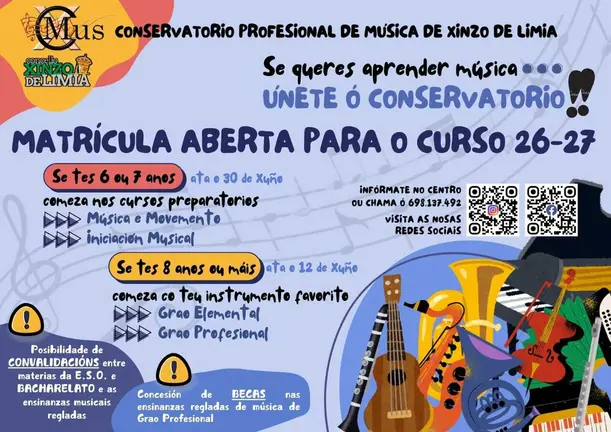 Cartel informativo del Conservatorio Profesional de M&uacute;sica de Xinzo de Limia anunciando la apertura de matr&iacute;cula y las Jornadas de Puertas Abiertas para el curso 26-27.