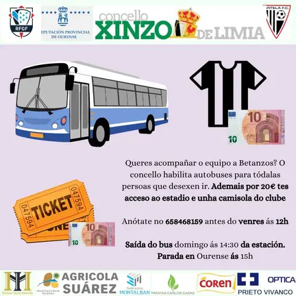Cartel do Concello de Xinzo de Limia coas condici&oacute;ns, horarios e tel&eacute;fonos de inscrici&oacute;n para viaxar a Betanzos co Antela F.C.