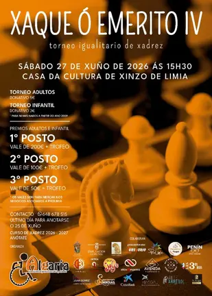El torneo Xaque &oacute; Em&eacute;rito regresa a Xinzo con categor&iacute;as adulta e infantil y premios canjeables en negocios locales asociados a Prolimia.
