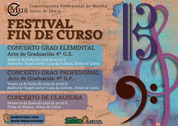 Cartel del Festival Fin de Curso del Conservatorio Profesional de M&uacute;sica de Xinzo de Limia, con tres conciertos programados entre el 11 y el 19 de junio.