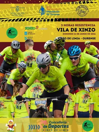 Cartel de las 3 Horas Resistencia Vila de Xinzo, prueba final del Circuito BTT Resistencia Deputaci&oacute;n de Ourense 2026, que se celebrar&aacute; el domingo 21 de junio.