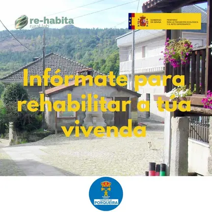 Cartel do servizo Re-habita Rural Lab no Concello de Porqueira, que ofrece asesoramento gratu&iacute;to sobre rehabilitaci&oacute;n de vivendas o 17 de xu&ntilde;o.