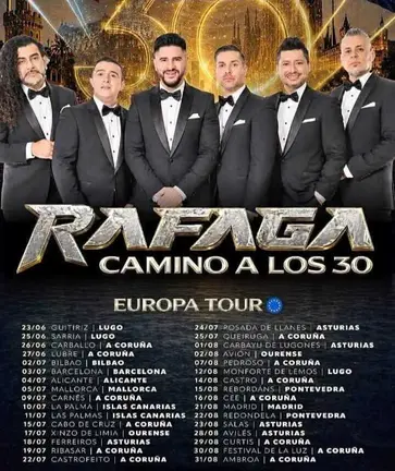 Cartel de la gira europea "Camino a los 30" del grupo R&aacute;faga donde se incluye la fecha de Xinzo de Limia.