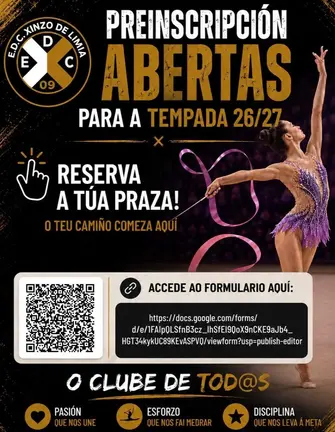 Cartel da preinscrici&oacute;n de ximnasia r&iacute;tmica da EDC Xinzo de Limia para a tempada 2026/27.