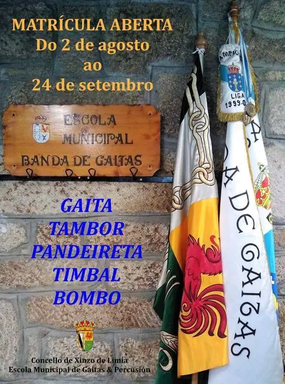 Cartel da apertura de matriculación na Escola Municipal de Gaitas e Percusión.