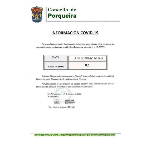 Bando informativo emitido pola alcaldesa de Porqueira, Susana Vázquez Dorado.