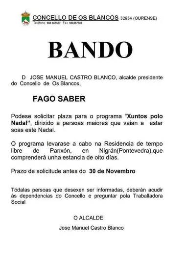 Bando informativo de Os Blancos sobre o programa "Xuntos polo Nadal".