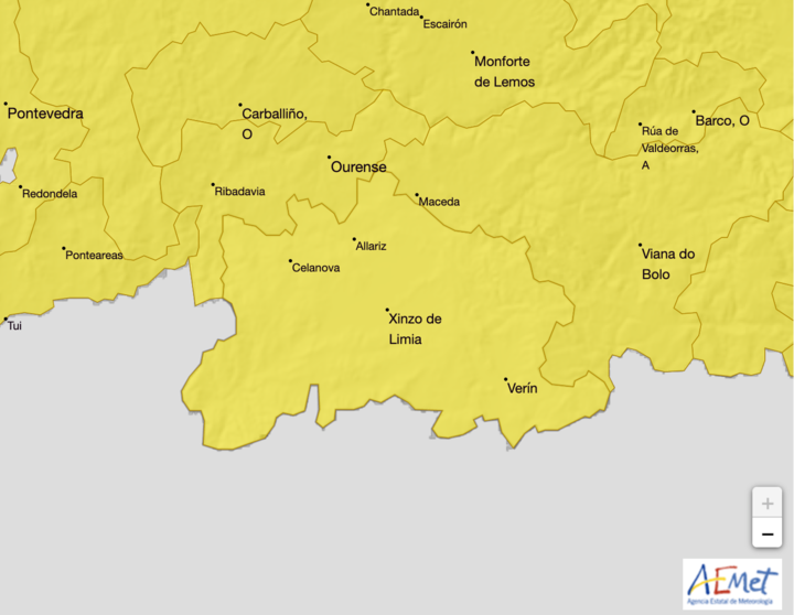 Mapa da alerta amarela por treboadas que afecta a toda a provincia. | FONTE: Aemet.