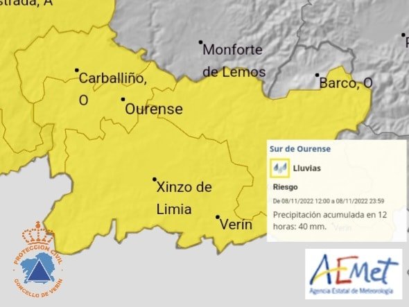 Mapa do aviso amarelo da AEMET.  | FOTO: Protección Civil Verín.