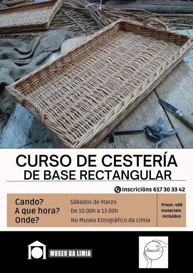 Cartel do curso de cestería de base rectangular que ofrece o Museo da Limia.