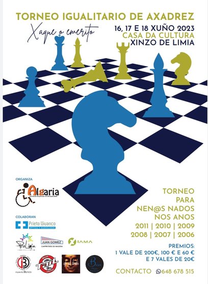 Cartel do Torneo Igualitario de Xadrez que organiza a Asociación de Persoas con Discapacidade Algaria.