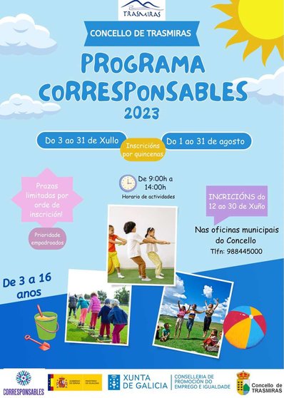 Cartel do Programa Corresponsables, que ofrecerá actividades durante o verán para a cativos e mozos de Trasmiras.