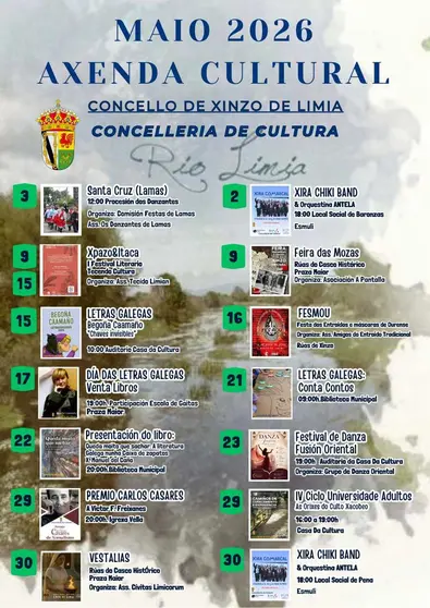 Cartel oficial de la Agenda Cultural de mayo en Xinzo de Limia.