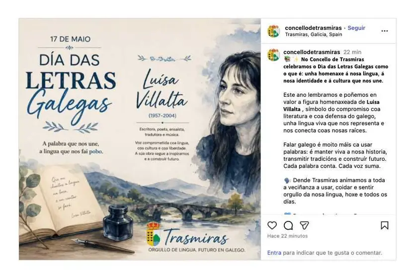 Captura de pantalla da publicaci&oacute;n oficial de Trasmiras onde se confunde &aacute; autora homenaxeada nas Letras Galegas deste ano.
