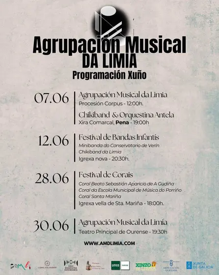 Cartel de la programaci&oacute;n de junio de la Agrupaci&oacute;n Musical da Limia, con cuatro citas repartidas entre Xinzo, Pena y el Teatro Principal de Ourense.