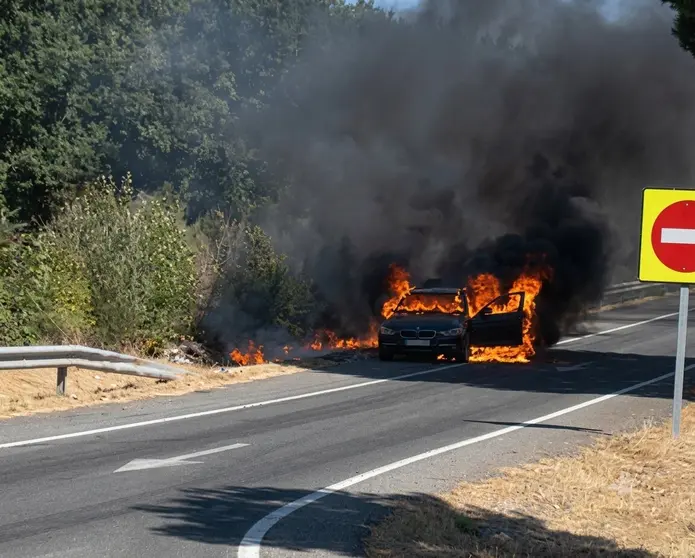 Un coche queda calcinado tras incendiarse en la A-52 a la altura de Trasmiras.