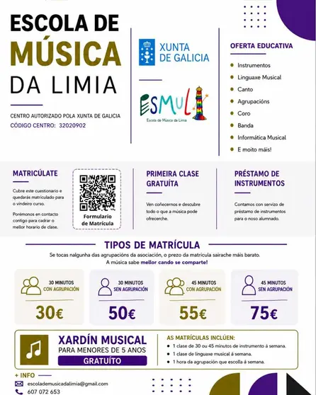 A Escola de M&uacute;sica da Limia presenta a s&uacute;a oferta formativa para o vindeiro curso.