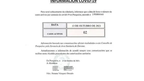 Bando informativo emitido pola alcaldesa de Porqueira, Susana V&aacute;zquez Dorado.