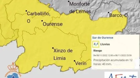Mapa do aviso amarelo da AEMET.  | FOTO: Protecci&oacute;n Civil Ver&iacute;n.