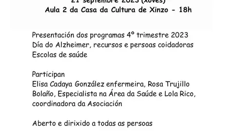 Xuntanza de promoci&oacute;n da sa&uacute;de que ter&aacute; lugar este xoves na Aula 2 da Casa da Cultura de Xinzo, organizada pola Escola Rural de Sa&uacute;de da Limia.