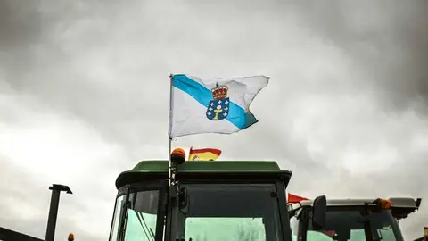 La bandera gallega ondeando en lo alto de un tractor. | FOTO: Noelia Caseiro.