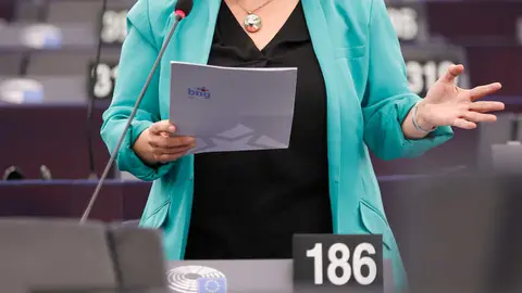 A eurodeputada Ana Miranda denunciando as consecuencias do tratado co Mercosur para o sector agrogandeiro galego.