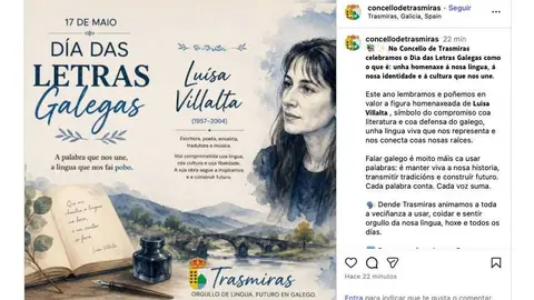 Captura de pantalla da publicaci&oacute;n oficial de Trasmiras onde se confunde &aacute; autora homenaxeada nas Letras Galegas deste ano.