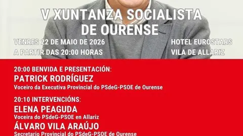 Cartel con la programaci&oacute;n y los ponentes invitados a la V Xuntanza Socialista de Ourense en Allariz.