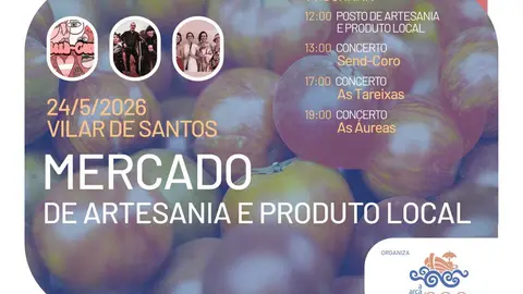 Cartel informativo coa programaci&oacute;n do mercado de artesan&iacute;a organizado pola Arca da Noe en Vilar de Santos.