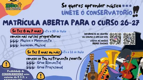 Cartel informativo del Conservatorio Profesional de M&uacute;sica de Xinzo de Limia anunciando la apertura de matr&iacute;cula y las Jornadas de Puertas Abiertas para el curso 26-27.