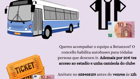 Cartel do Concello de Xinzo de Limia coas condici&oacute;ns, horarios e tel&eacute;fonos de inscrici&oacute;n para viaxar a Betanzos co Antela F.C.
