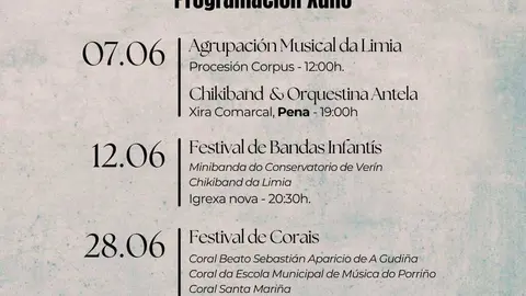 Cartel de la programaci&oacute;n de junio de la Agrupaci&oacute;n Musical da Limia, con cuatro citas repartidas entre Xinzo, Pena y el Teatro Principal de Ourense.