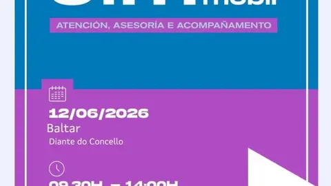 Cartel do CIM M&oacute;bil da Xunta de Galicia, que visitar&aacute; Baltar o 12 de xu&ntilde;o con servizos de atenci&oacute;n, asesor&iacute;a e acompa&ntilde;amento &aacute;s mulleres.
