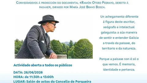 Cartel da proxecci&oacute;n do documental sobre Otero Pedrayo organizada por A Furgoteca en Porqueira.