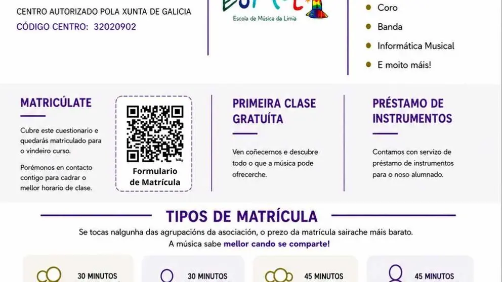 A Escola de M&uacute;sica da Limia presenta a s&uacute;a oferta formativa para o vindeiro curso.