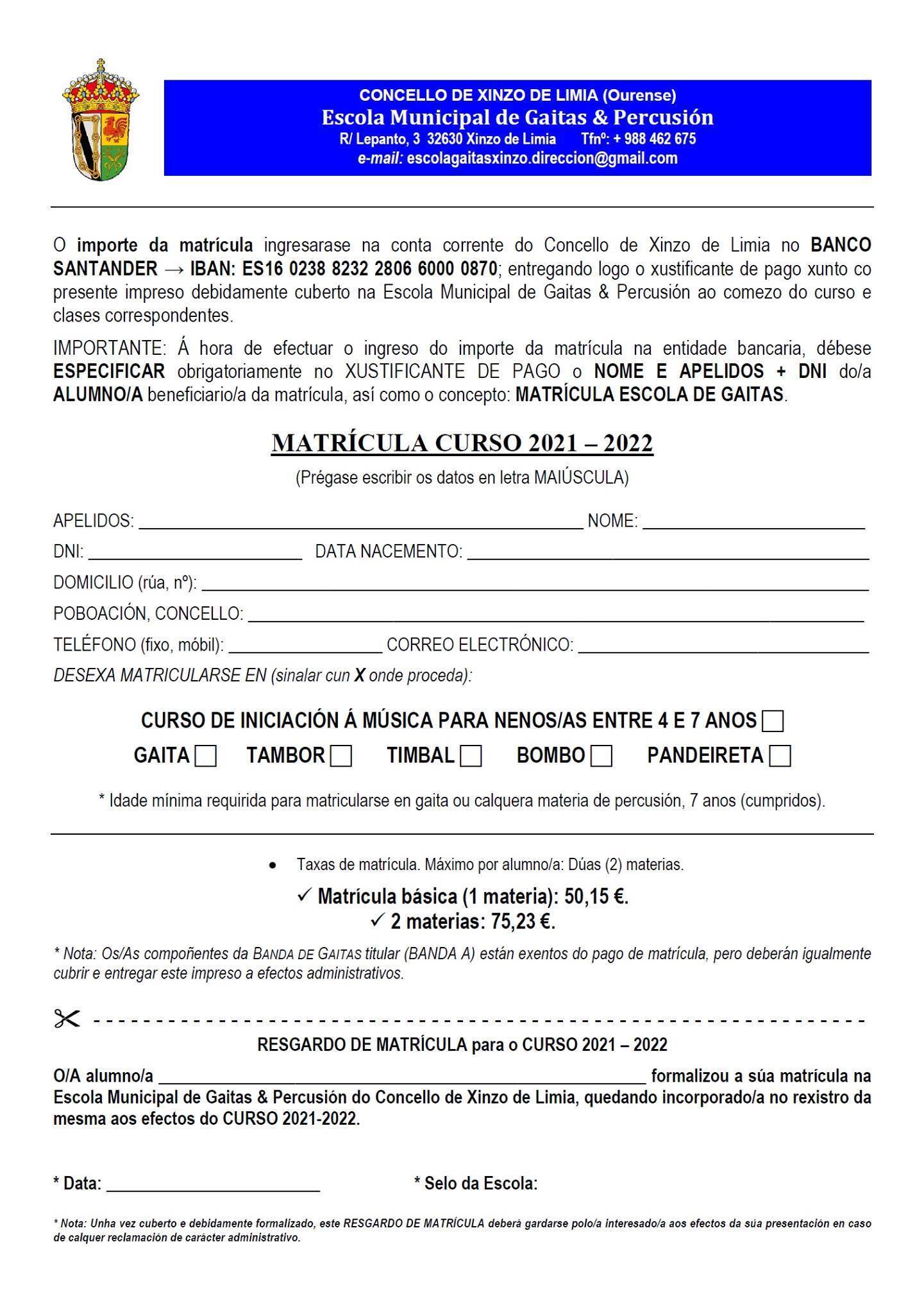 Ficha de matriculacón na Escola Municipal de Gaitas e Percusión.