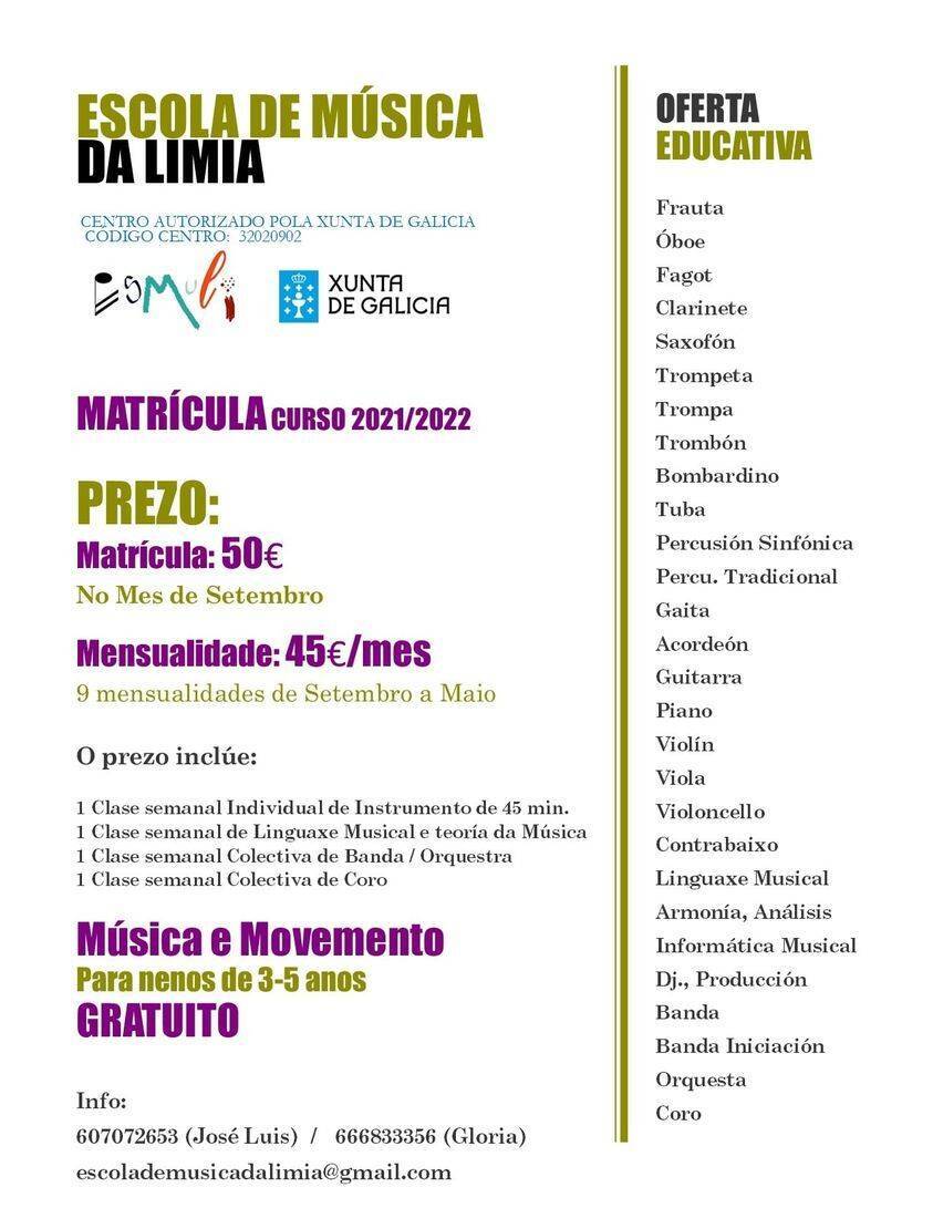 Cartel informativo da Escola de Música da Limia.