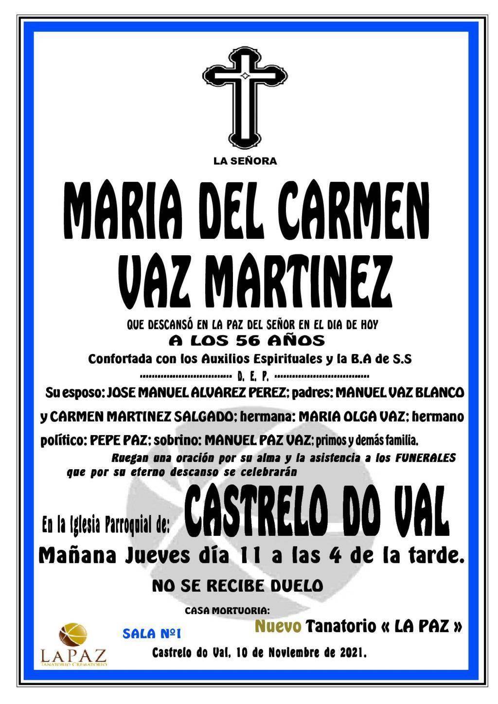 Esquela da mestra falecida, María del Carmen Vaz Martínez.