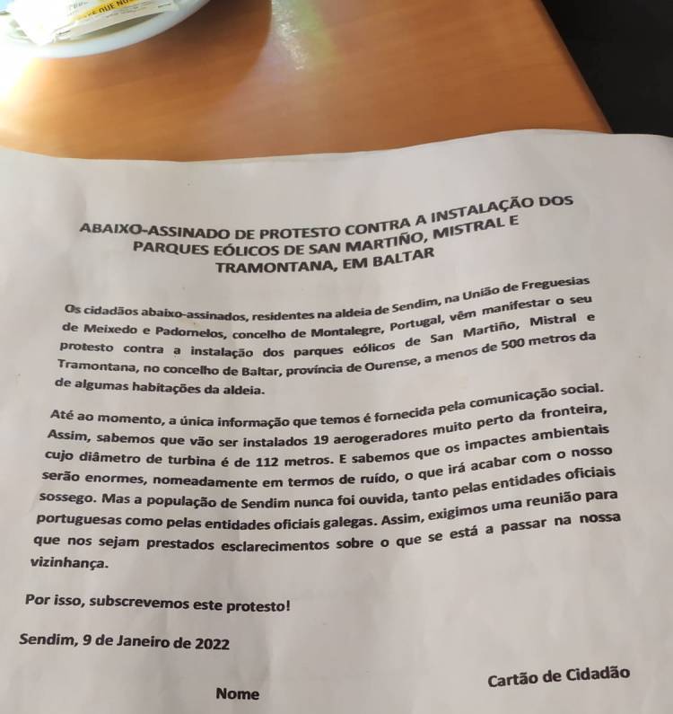 Escrito de protesta co que están a recoller sinaturas en Montalegre