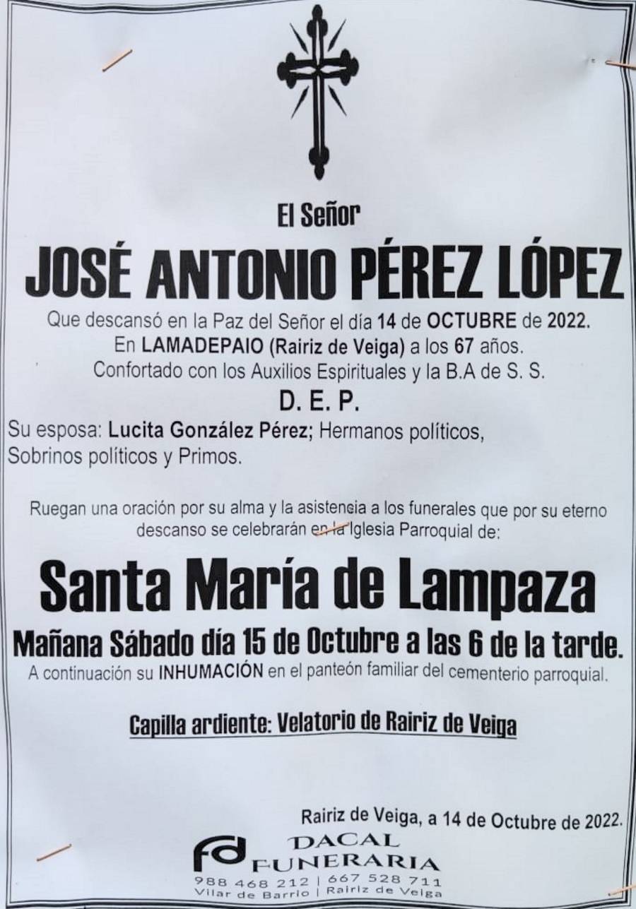 Esquela. José Antonio Pérez López. RAIRIZ