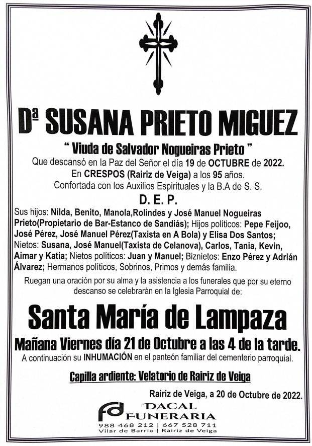 Esquela. Susana Prieto Miguez. 20 de outubro